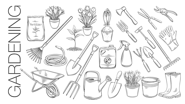 Vector gardening tools and plants or flowers outline icons. engraved of rubber boots, seedling, tulips, gardening can and cutter. fertilizer, glove, crocus, insecticide, wheelbarrow and watering hose.