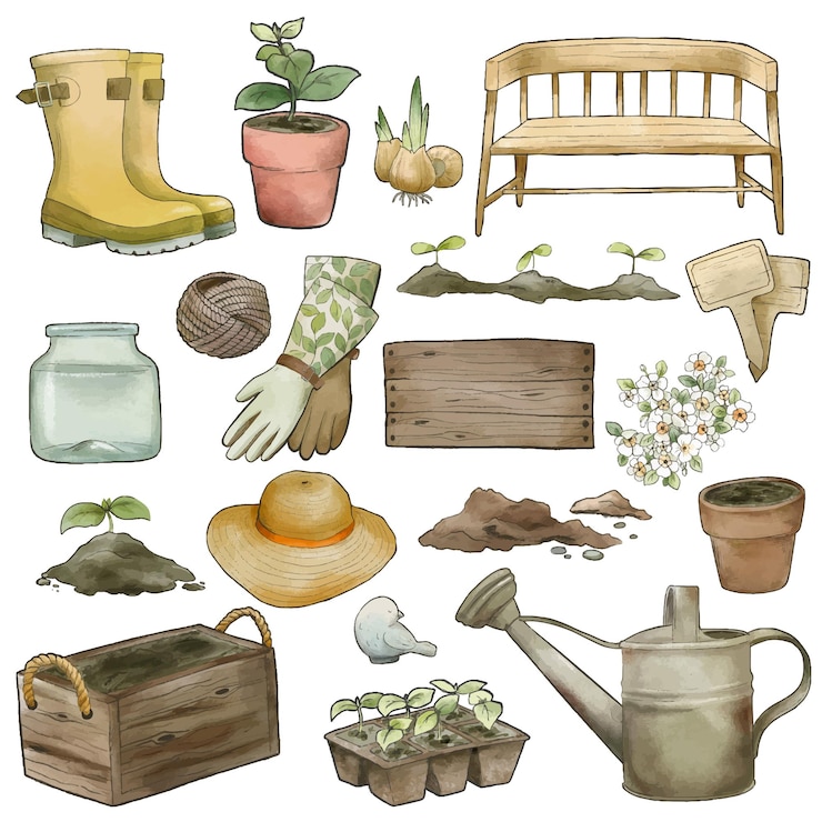 Vector gardening tools set vintage watercolor art hand drawn