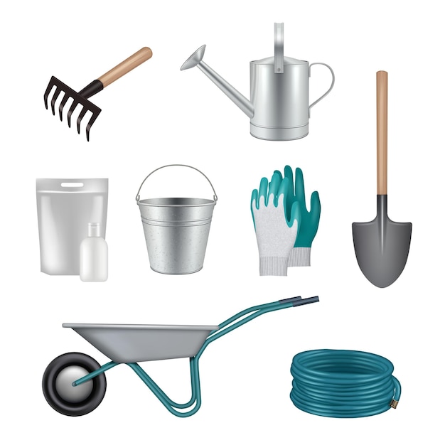 gardening tools shovels fertilizer scissors items for growing plants and care flowers and grass decent vector realistic pictures set