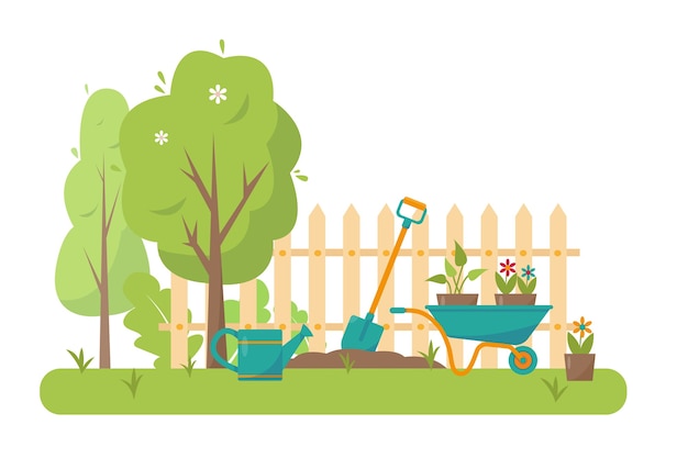 Vector gardening tools and trees in garden.