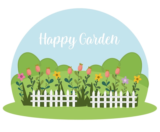 gardening white fence flowers grass bushes, happy garden  illustration