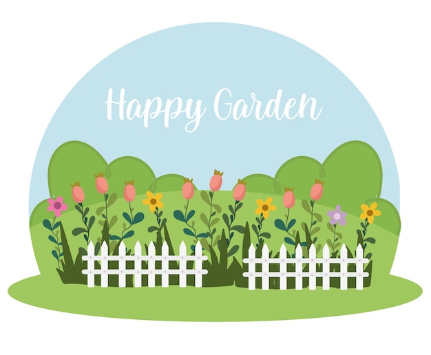 Gardening white fence flowers grass bushes, happy garden  illustration