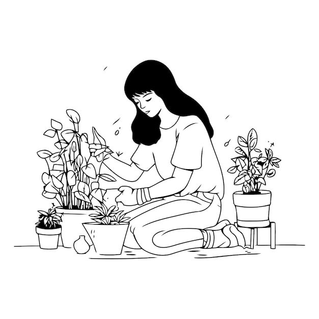 Gardening woman planting houseplants in pots