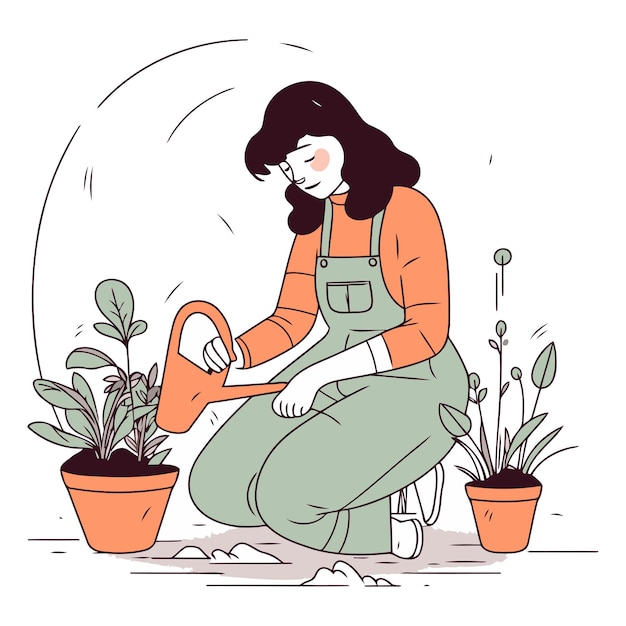 Садовница поливает растения в горшках
