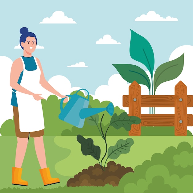 Gardening woman with watering can and plant design, garden planting and nature theme