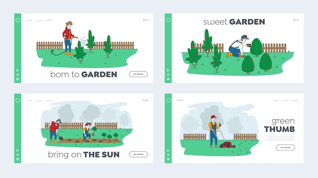 Vector gardening work landing page template set