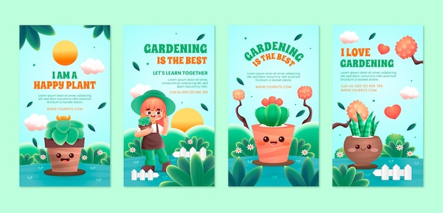 Vettore raccolta di storie di instagram di giardinaggio e giardinaggio