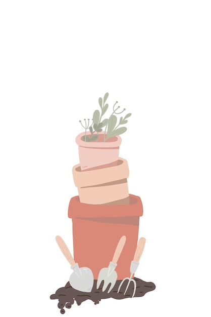 Gardens pots with gardening tools vector hand drawn