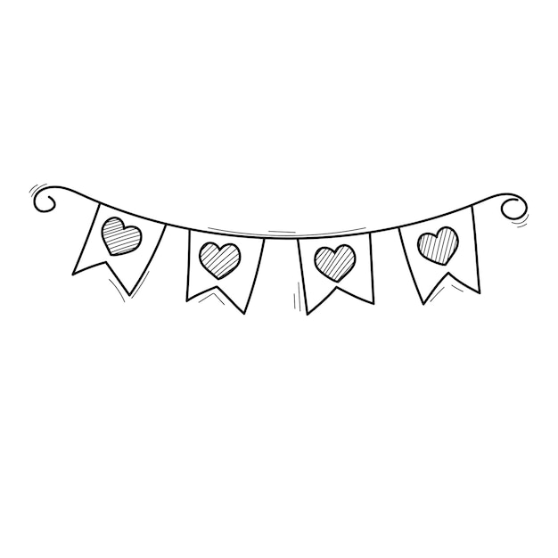 Garland of flags doodle hand drawn heart bunting flag stock black and white line art illustration