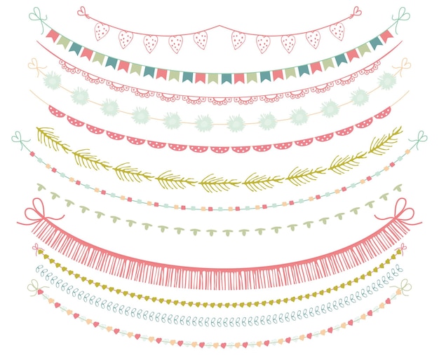 Vector garlands and bunting flags clipart on white background