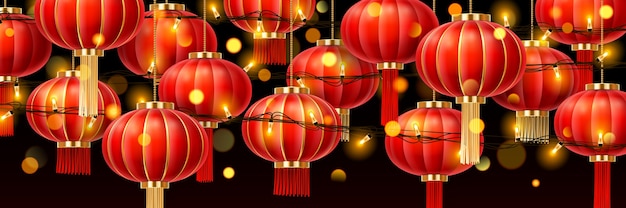 Garlands on chinese lanterns or china paper lamps with glowing