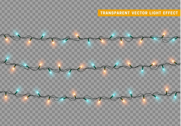 Garlands color blue and gold isolated vector, Christmas decorations lights effects. Glowing lights for Xmas Holiday. vector illustration