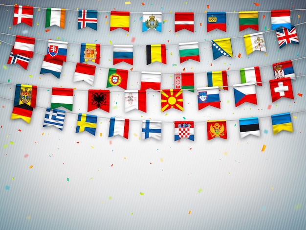Garlands of flags of different countries of europe