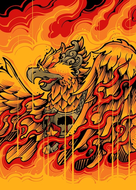 Garuda Bird with Flaming Fire Vector in Japanese Illustration Style Isolated