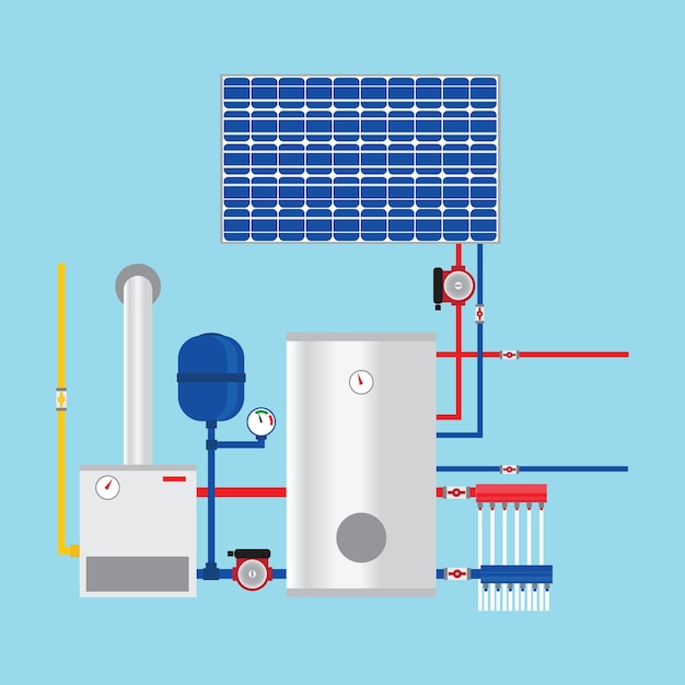 Gas boiler and solar panels Ecohouse Vector