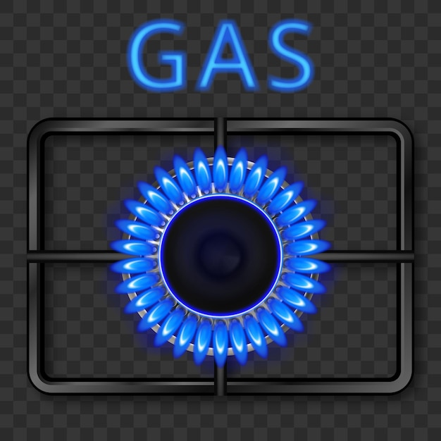 Vector gas burner with blue flame and black steel grate.