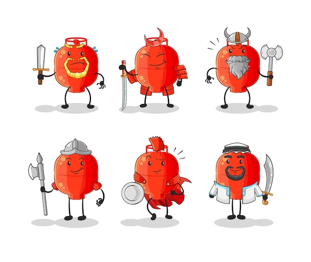 Gas cylinder warrior group character cartoon mascot vector