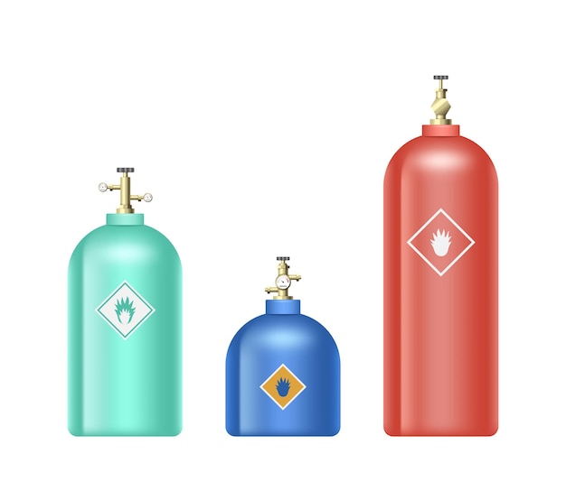 Gas cylinders Metal tanks with liquefied compressed oxygen petroleum LPG propane gas containers