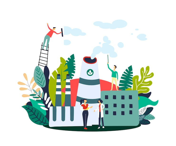 Vector gas emissions reduction people on eco factory
