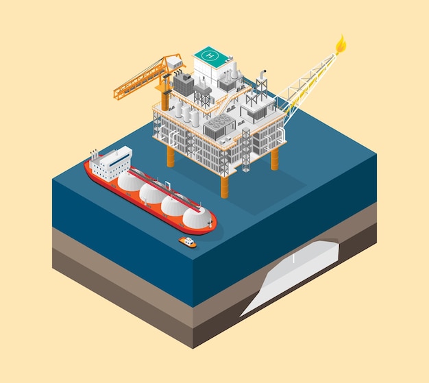 Вектор Оффшорный природный газ с изометрической графикой