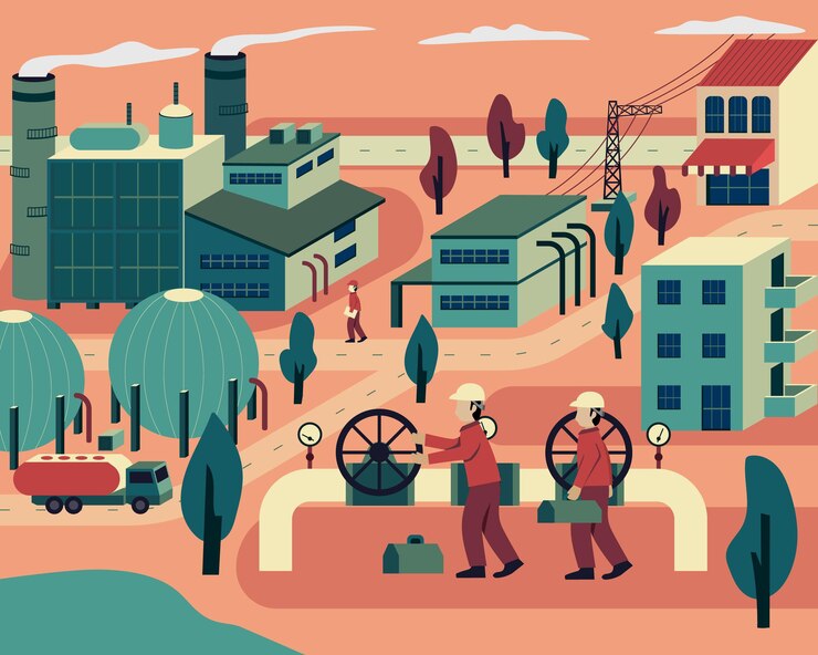Vector gas energy, the technician working maintetance pipe line in graphic classic style