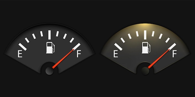 Vettore indicatore del gas indicatore del carburante realistico illuminato che mostra un'illustrazione vettoriale completa