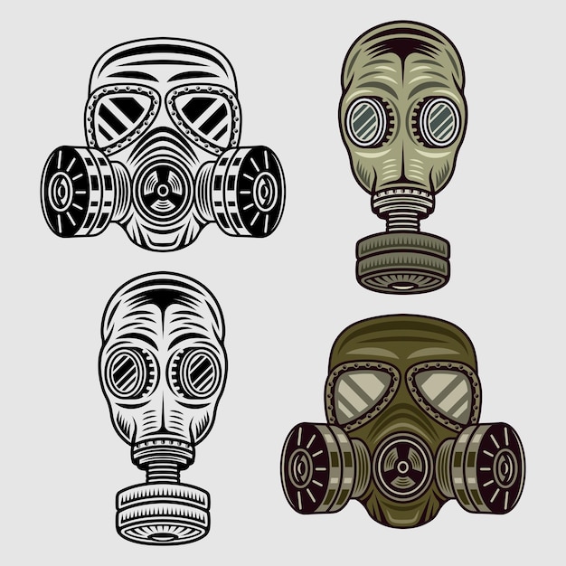 Gas masks or respirators set of vector objects in two styles colored and black and white