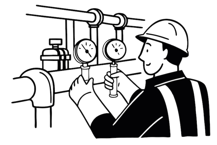 Vector gas pipeline engineer inspecting pressure gauges and valves during routine maintenance