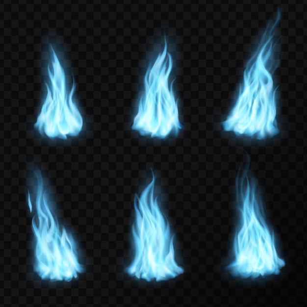 Vector gas and realistic blue fire flames, light energy blaze vector icons. blue gas or fire flames with glow effect, explosion smoke and burning flares or blue fireballs on transparent, background