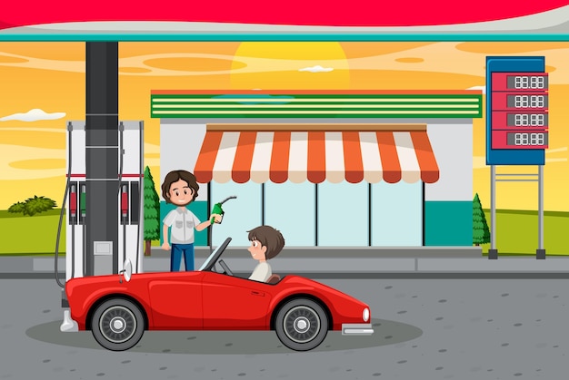 Gas station cartoon scene