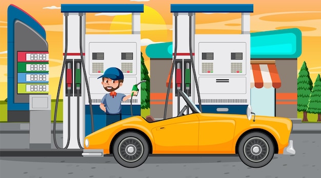 Vector gas station cartoon scene