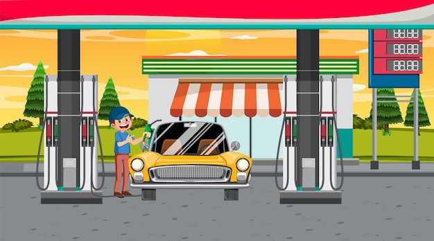 Gas station cartoon scene