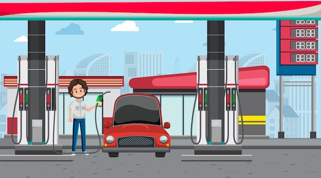 Gas station cartoon scene