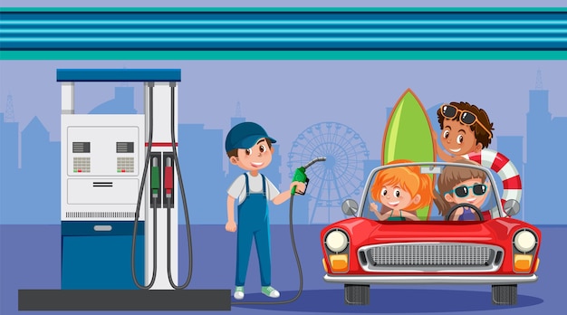 Vector gas station cartoon scene