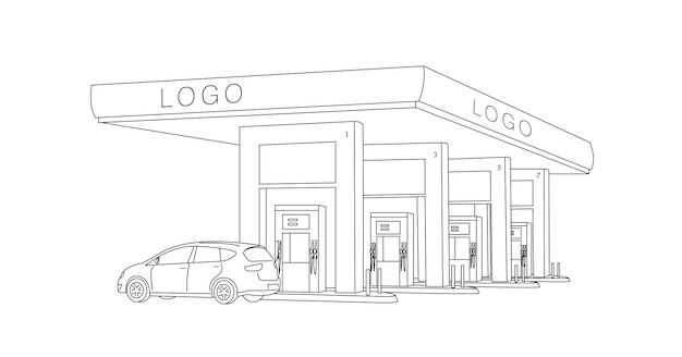 Gas station fuel dispensers row illustration with car linear sketch graphic