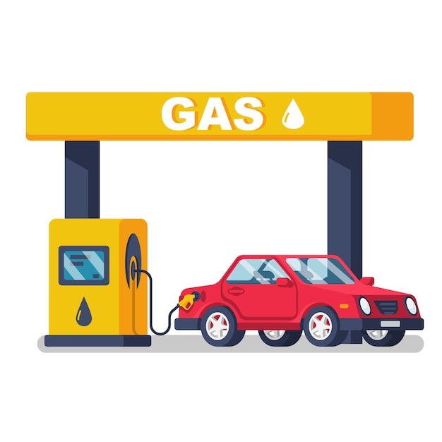 Gas station. Gas pump. Petroleum refill station. Vector illustration flat design. Isolated on white background. Stopping on the road for refueling. Red car.