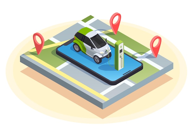 Gas station isometric composition of charging car on top of smartphone with location signs and map