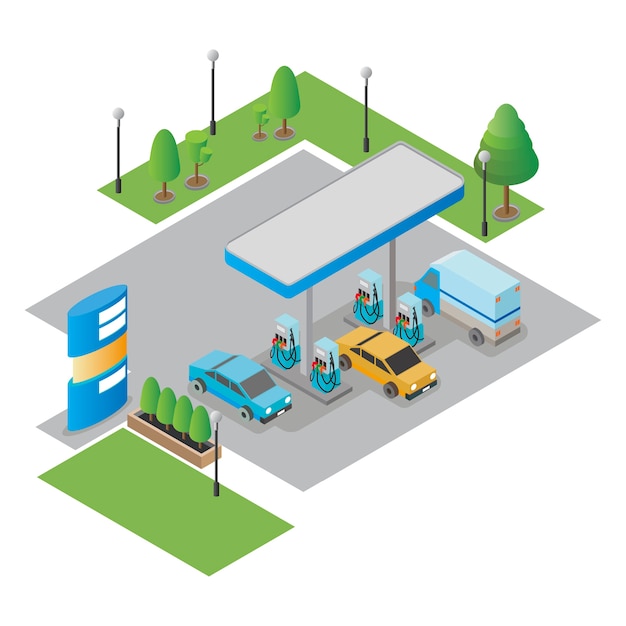 Vector gas station isometric illustration.