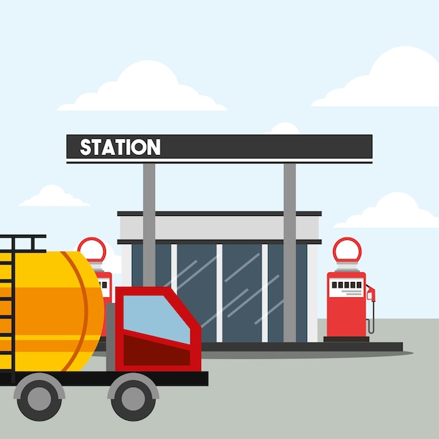 Vector gas station pump and tanker truck transport oil industry