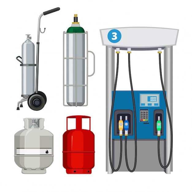 Gas station. Pumping petrol types metal tank cylinders  s of petrol pumps