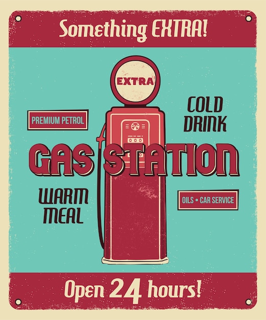 Gas station service vintage poster with retro gas pump and texts.