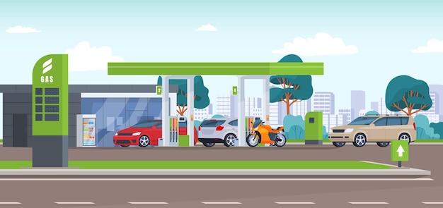 Gas station stopping and refueling a car on a trip a small shop for drivers and passengers vector illustration