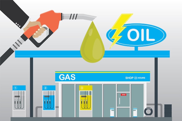 Gas station and supermarket Fuel pump in hand man vector illustration