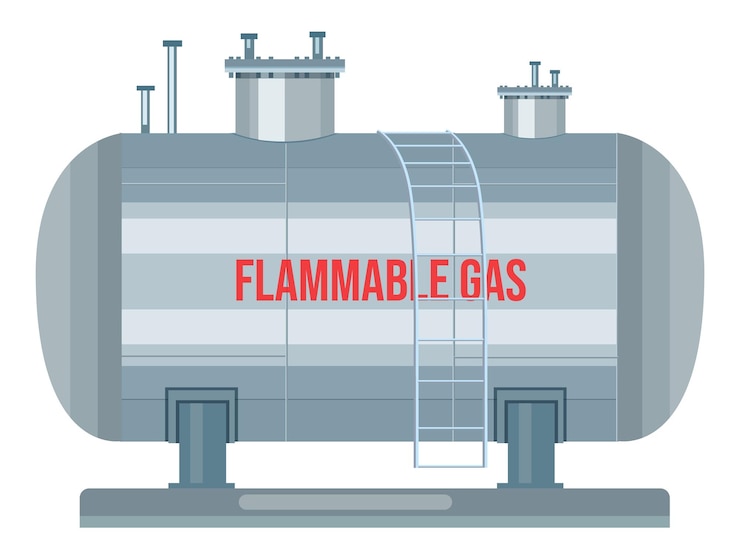 Vector gas station with ladder flammable gas text storage tank for saving gas dangerous under pressure