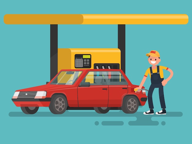 Vector gas station. worker filling fills petrol into the car.