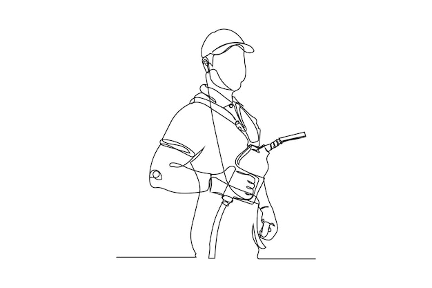 Gas station worker holding a petrol refueling gun Modern Minimalist One Line Drawing