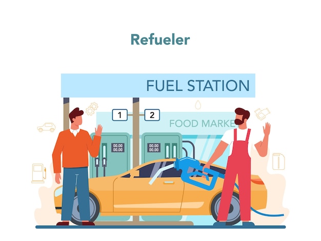 Gas station worker or refueler concept. worker in uniform working with a filling gun.