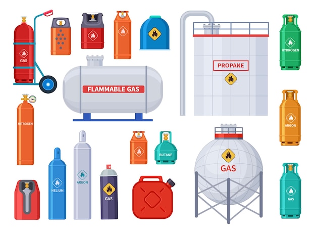 Vettore stoccaggio del gas. serbatoio e contenitori per bombole di ossigeno, olio. attrezzature per l'industria petrolifera domestica e industriale. bottiglie e icone della scatola metallica. immagazzinamento di ossigeno del carburante, serbatoio del gas e illustrazione della bombola