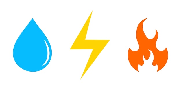 Иконки газа, воды, электричества, векторные коммунальные знаки, электроэнергия, тепло и вода