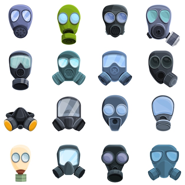 Gasmasker pictogrammen instellen. Cartoon set gasmasker iconen voor web